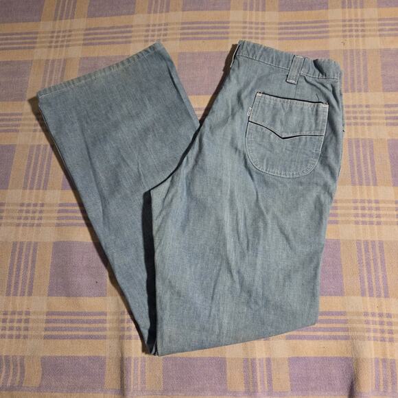 Vintage 70s Levis Pants Blue Jeans White Tab 33 X 32 Made in USA Flare 567 4312